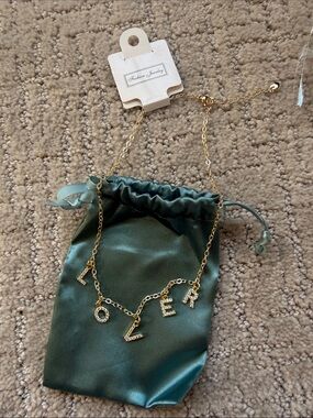 Gold 'LOVER' Letter Charm Necklace in Green